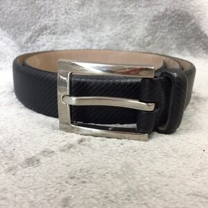 TUMI Mens Black Leather Belt Size 34 / 85 Rectangle Carbon Fiber 35mm